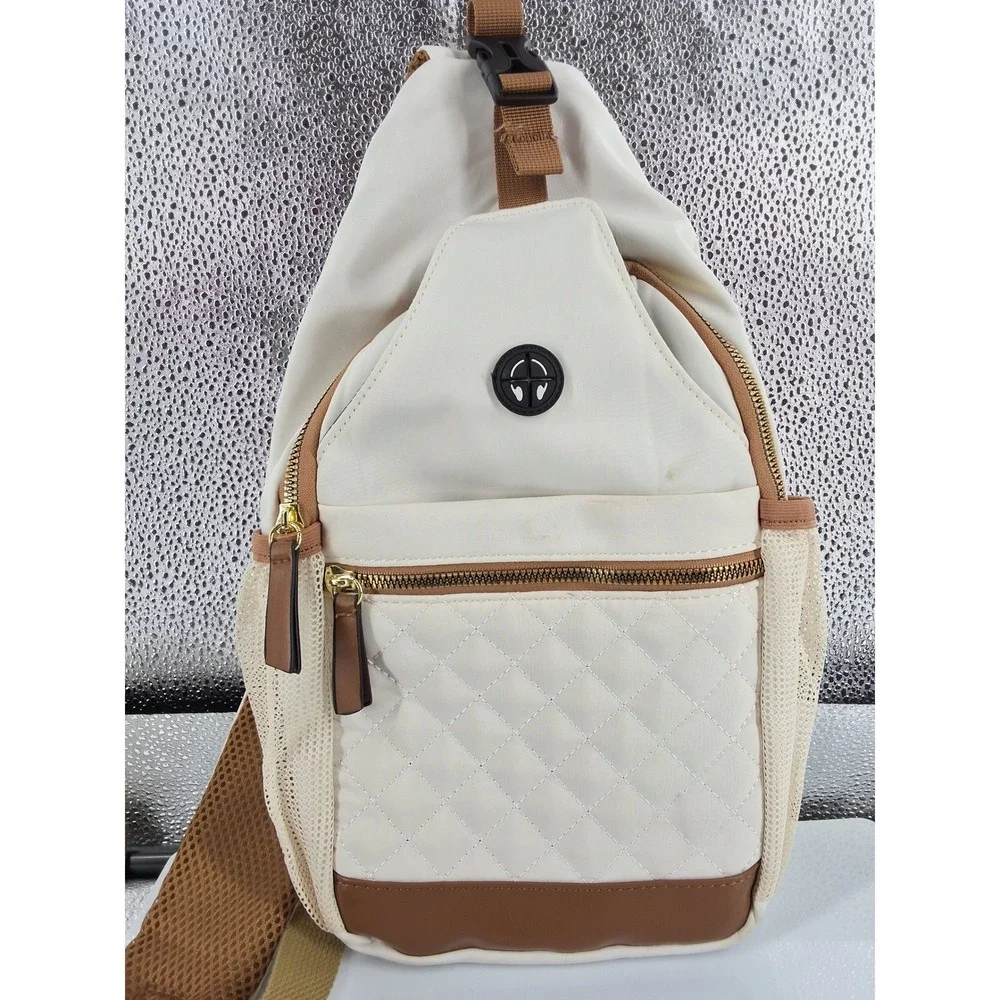 Cream Quilted Nylon‎ Sling Bag Unisex Crossbody Backpack Headphone Port